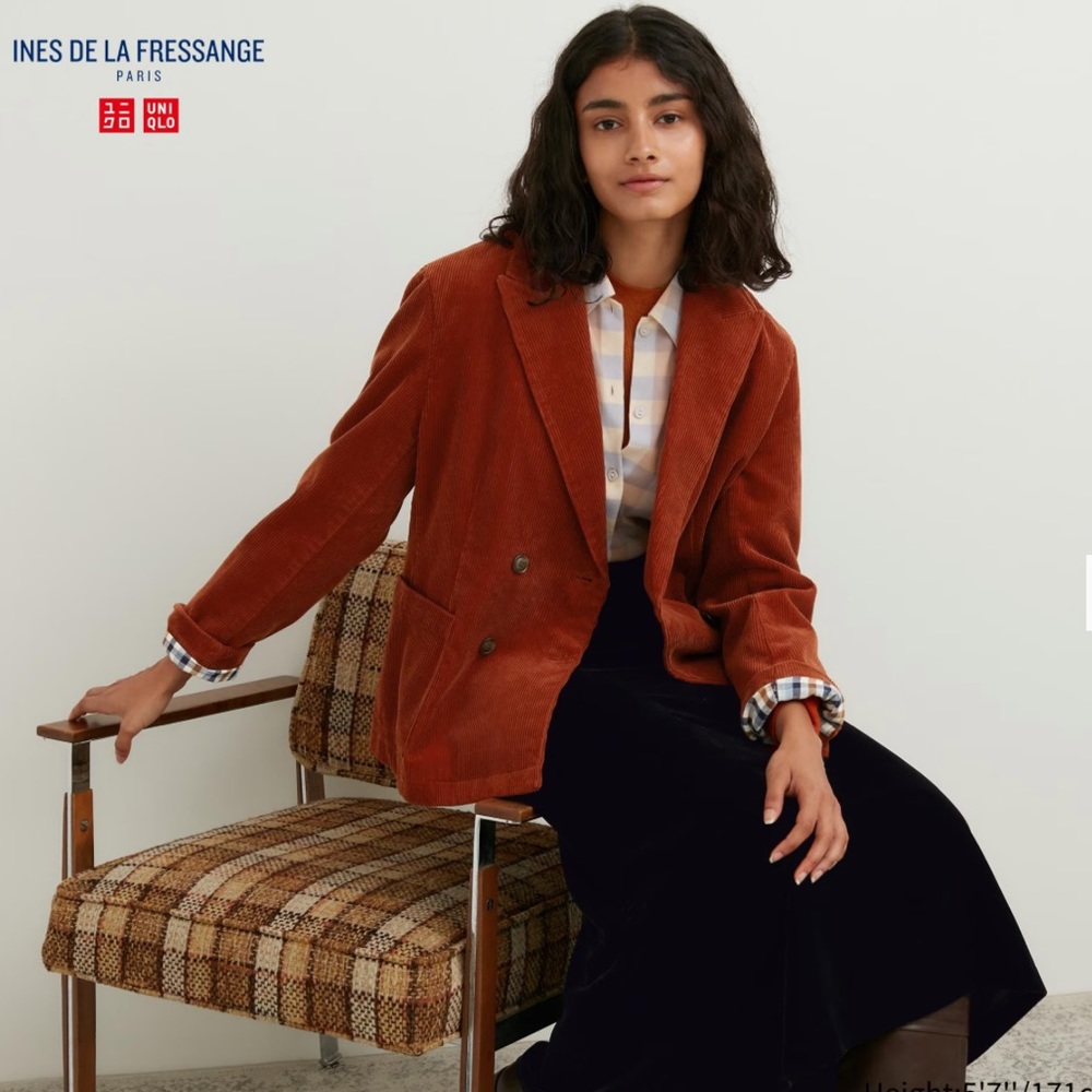 Uniqlo Ines de la Fressange Rust Orange Corduroy Double-Breasted Jacket Blazer